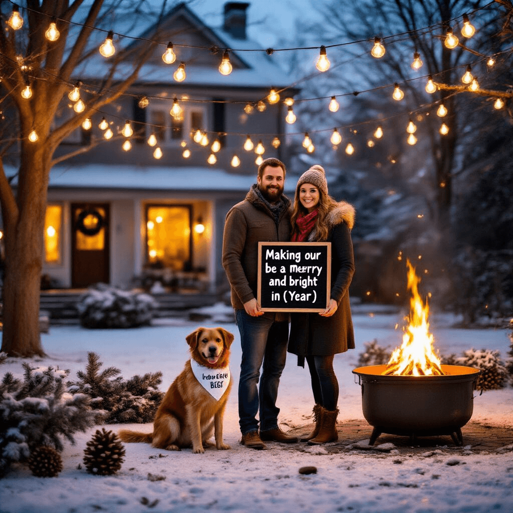 A family portrait in a snowy backyard at twilight, featuring a couple near a fire pit with their dog in a bandana. They hold a sign stating 'Making our family merry and bright in [Year]!' with warm glowing lights overhead and a wreath on their home’s door.