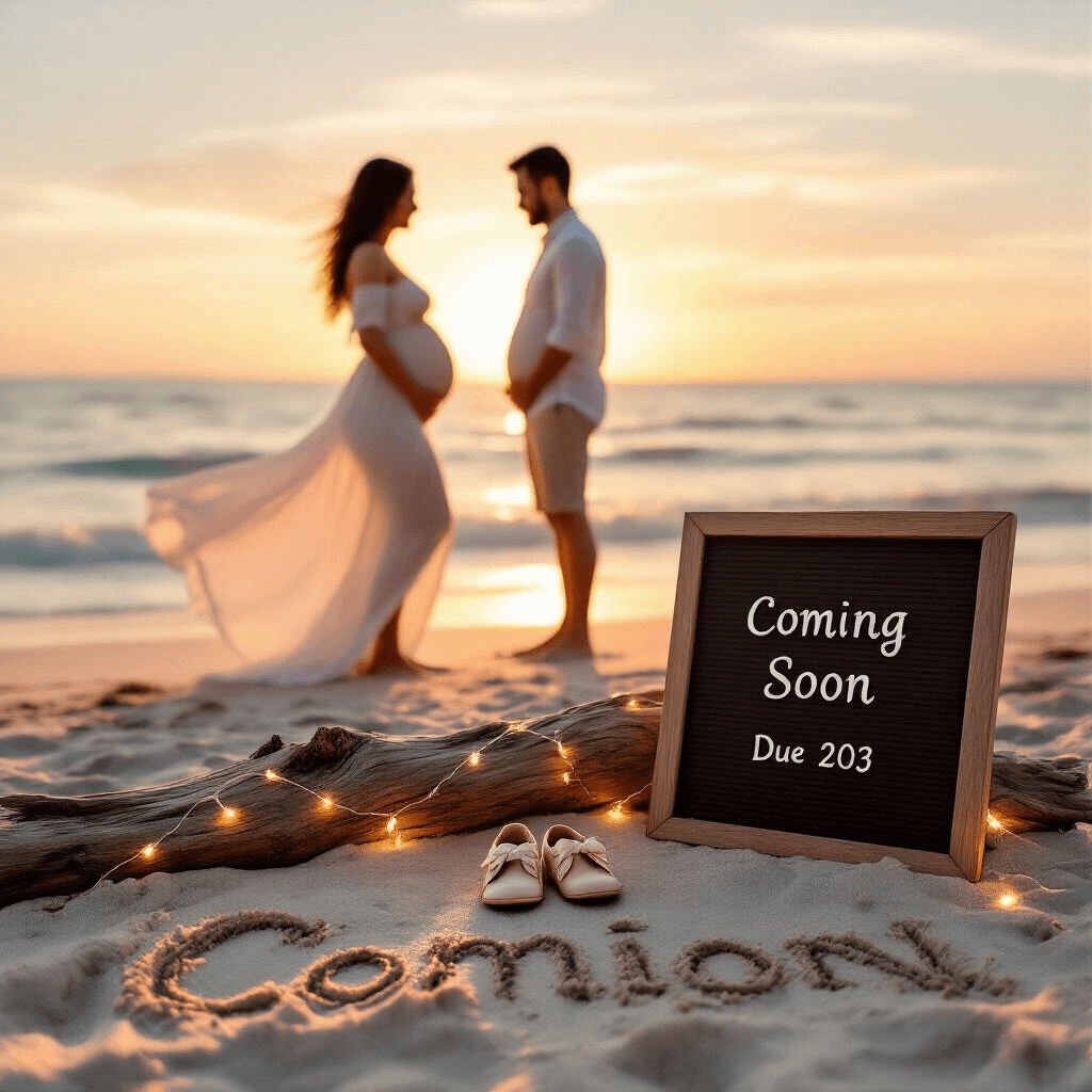 A sunlit beach at golden hour features an expecting couple silhouetted against the warm glow, with the woman in a flowing white dress highlighting her baby bump. Baby shoes sit on driftwood beside the words 'Coming Soon' written in the sand. The pastel sky reflects off gentle waves, and a vintage letterboard shows the due date, while fairy lights strung between wooden posts enhance the magical atmosphere.