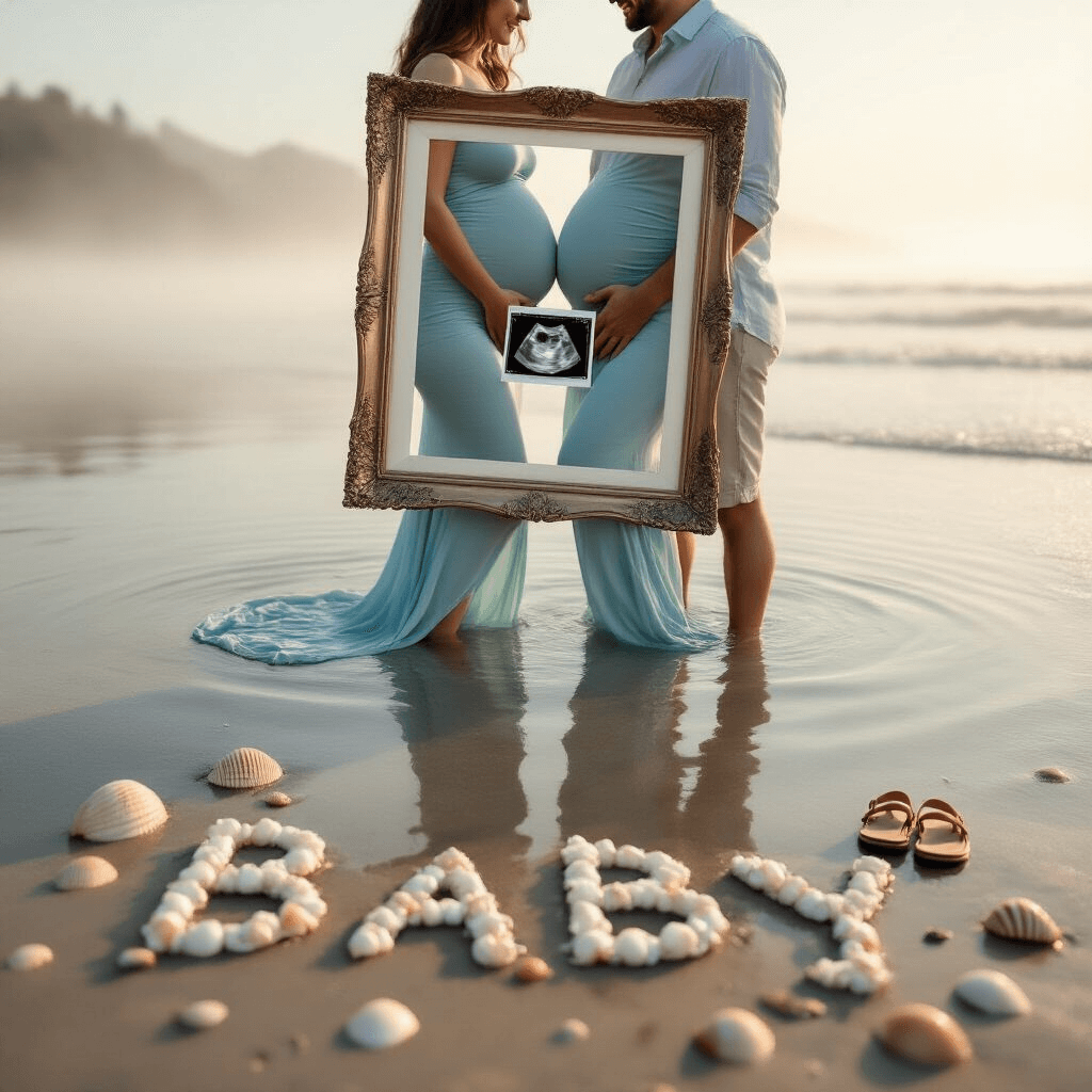 A couple stands in shallow water at a misty beach, the woman in a pale blue dress showcasing her pregnancy as her partner cradles her baby bump from behind. They hold an ornate frame displaying a sonogram, with seashells spelling 'Baby' and tiny sandals on the sand, all against a soft pastel backdrop.