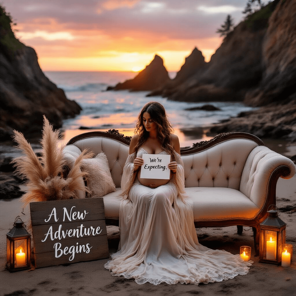 A serene sunset cove scene featuring a pregnant woman on a vintage chaise lounge, dressed in a flowing boho-style gown, holding a message in a bottle that reads 'We're expecting!'. Surrounding her are warm candlelights, dramatic rock formations, tidal pools, and a rustic sign that says 'A new adventure begins', accented by pampas grass.