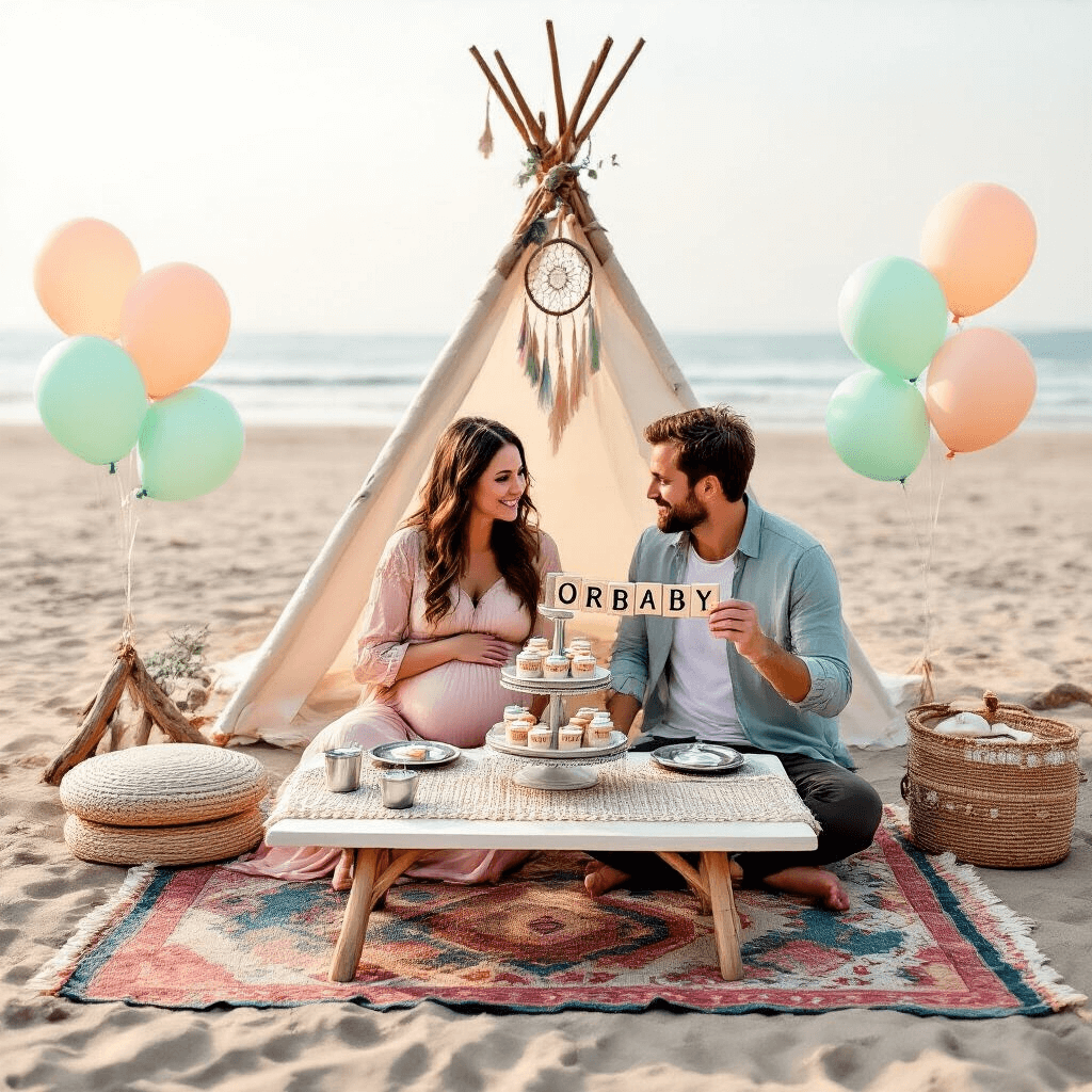 A whimsical beach picnic setup for a pregnancy announcement features a low table with a macramé runner on a colorful Moroccan rug. Place settings for three include miniature silver plates and utensils, with a cupcake stand spelling 'Oh Baby'. Balloons in peach and mint green are tied to driftwood, and expectant parents sit cross-legged, holding scrabble letters that spell 'Pregnant', while a cozy tepee-style tent with dreamcatchers and fairy lights is in the background.