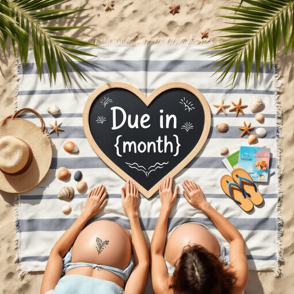 An overhead view of a couple on a striped beach blanket forming a heart shape around a chalkboard that says 'Due in [month]'. The woman has a baby bump with a henna tattoo, surrounded by seashells and pebbles spelling 'Little One', with adult and baby sandals nearby, alongside pregnancy books and sunscreen, all under the shadow of palm fronds.