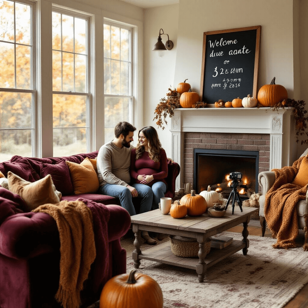A cozy living room with large windows letting in soft afternoon light, featuring a pregnant couple on a plush velvet sofa surrounded by autumn decor, pumpkins on the mantel, a chalkboard sign with the due date, knit blankets on armchairs, and steaming mugs of cider on a rustic coffee table.