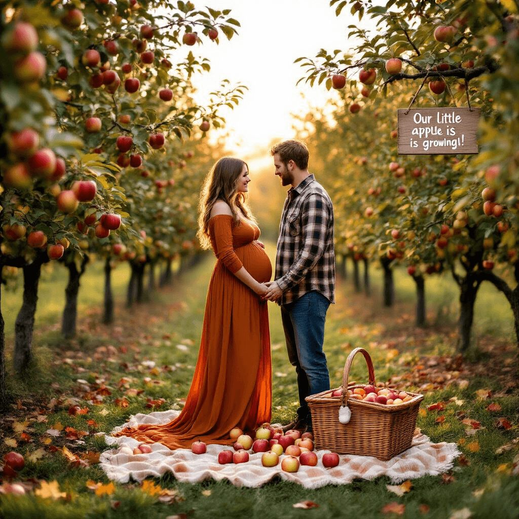 A couple stands in a vibrant apple orchard at golden hour, holding hands and gazing at each other. The expectant mother, in a burnt orange maxi dress, and her partner in a cozy flannel shirt, are surrounded by trees laden with ripe apples. A picnic basket overflowing with apples and tiny baby booties rests at their feet, while colorful fallen leaves create a natural carpet. A wooden sign from a nearby branch reads 'Our little apple is growing!'