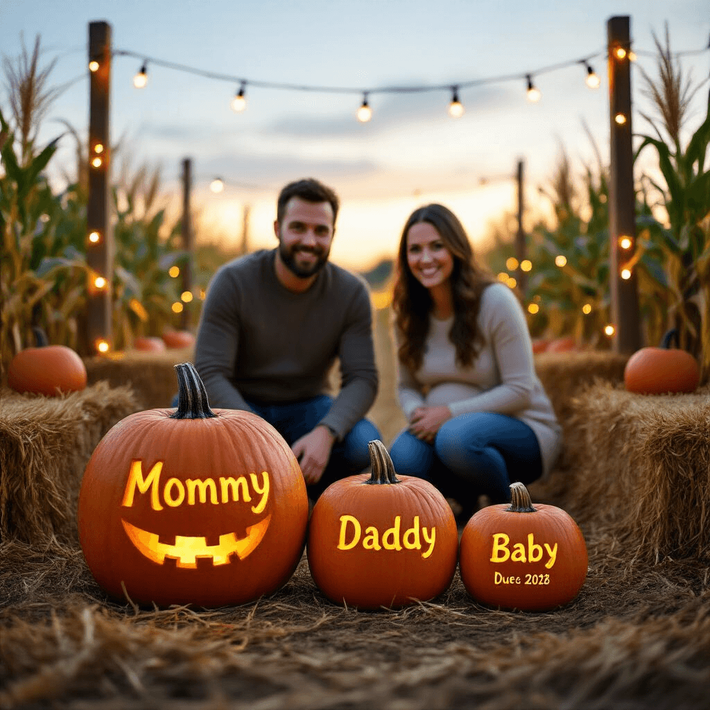 A whimsical pumpkin patch scene featuring three pumpkins of varying sizes labeled 'Mommy', 'Daddy', and 'Baby' with a due date. Expectant parents crouch behind the pumpkins, joyfully visible above them. Soft fairy lights twinkle between wooden posts, enhancing the magical ambiance at dusk, with hay bales and cornstalks framing the rustic setting.