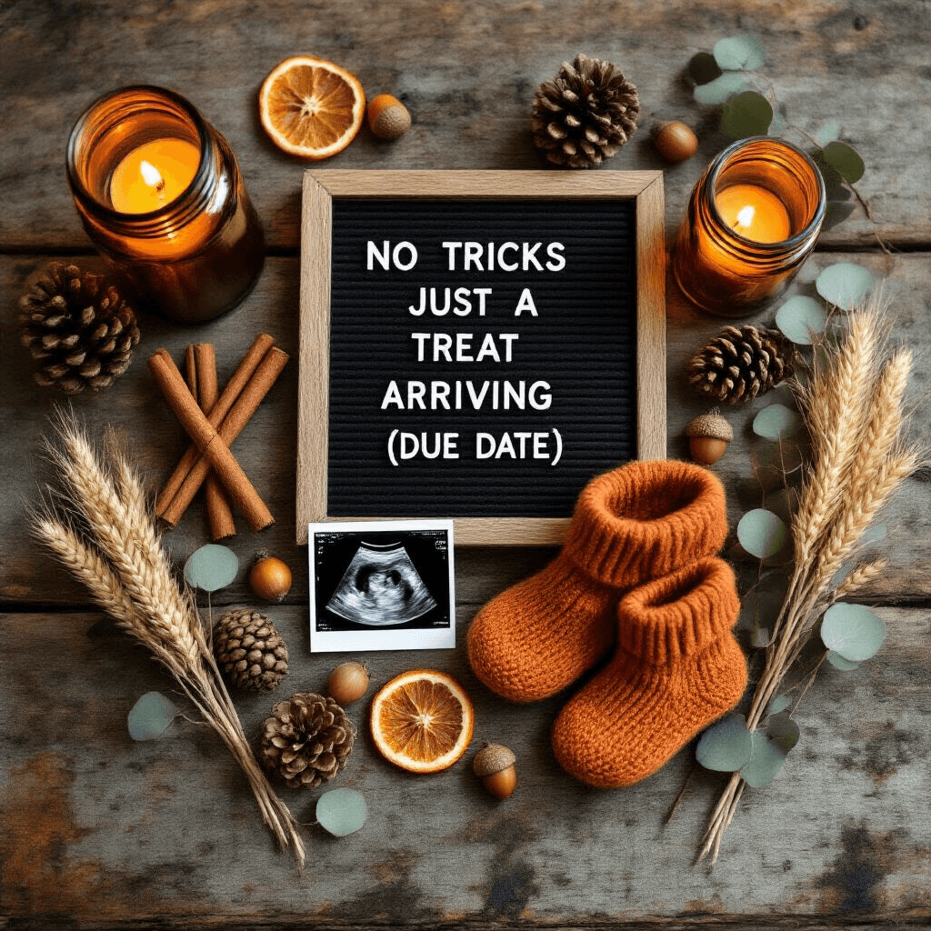 An intimate flat lay featuring a letterboard that says 'No tricks, just a treat arriving [due date]!' on a weathered barn wood surface, surrounded by autumn elements like cinnamon sticks, pine cones, acorns, dried orange slices, knit baby booties, an ultrasound photo, sprigs of eucalyptus, and wheat, illuminated by warm candlelight from amber mason jars.