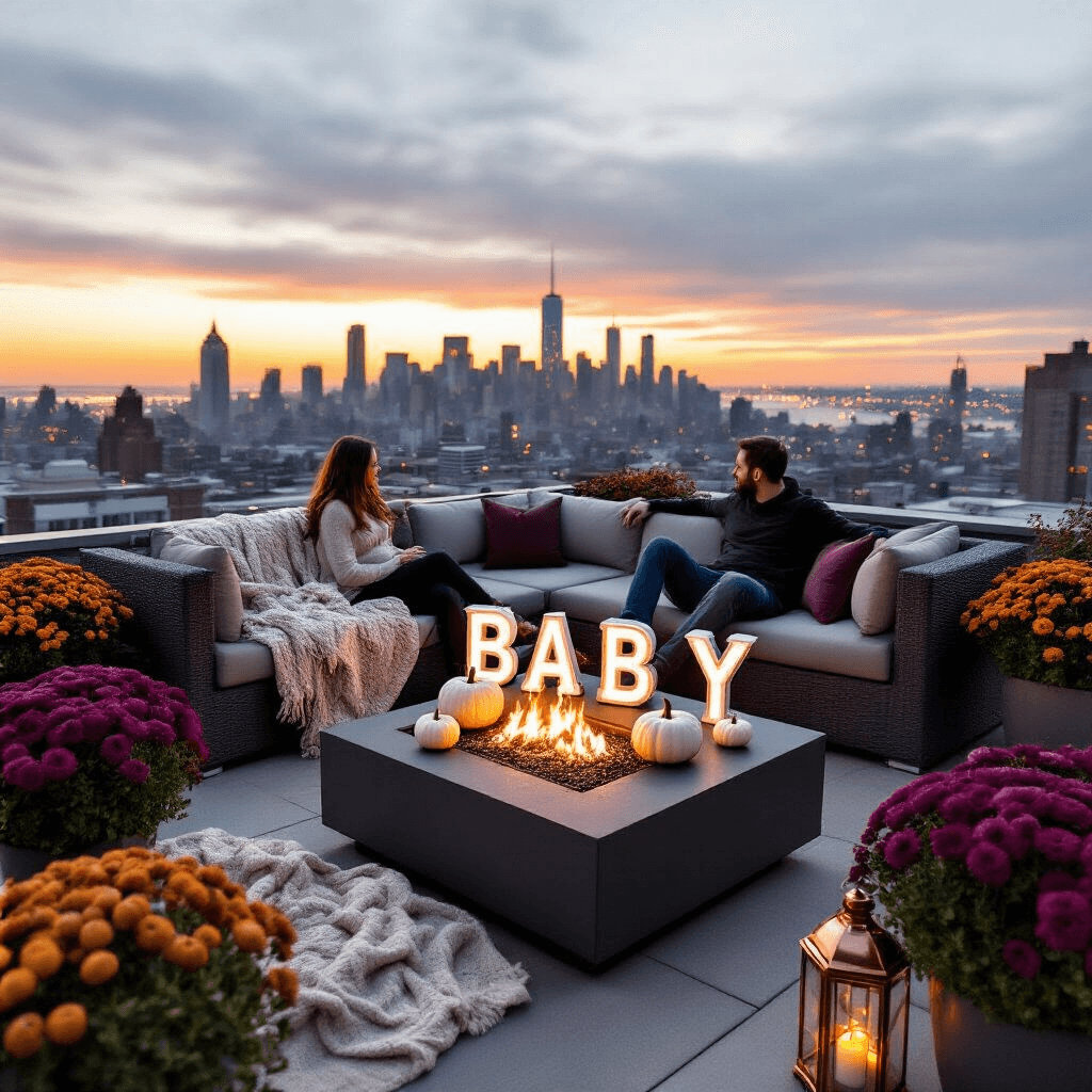 A cozy rooftop terrace features a stylish couple relaxing under a chunky knit blanket, surrounded by fall colors. A fire pit table displays mini pumpkins spelling 'BABY' and a larger pumpkin with the due date. The scene is illuminated by copper lanterns and potted mums, with city skyline lights twinkling in the background during twilight.