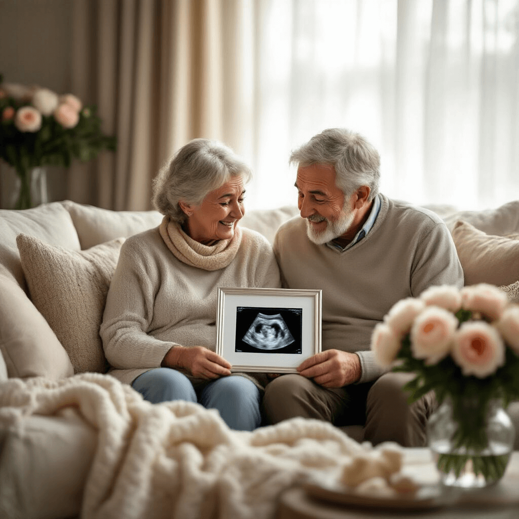 A close-up of an elderly couple sitting on a cream sofa in a cozy living room, illuminated by soft afternoon light. They are joyfully unwrapping an ultrasound photo in an elegant silver frame, with tears of happiness in their eyes. The scene is decorated with muted pastel throw pillows, a chunky knit blanket, and a vase of fresh peonies on a side table.