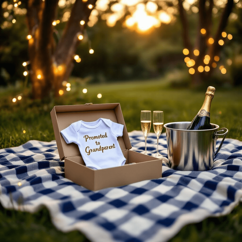 An intimate backyard picnic scene at golden hour, featuring a navy and white striped blanket on lush grass, surrounded by twinkling fairy lights. An open gift box displays a tiny white onesie with 'Promoted to Grandparent' in gold script, alongside a chilling bottle of champagne in an ice bucket and two awaiting flutes, all under a warm, glowing sky.