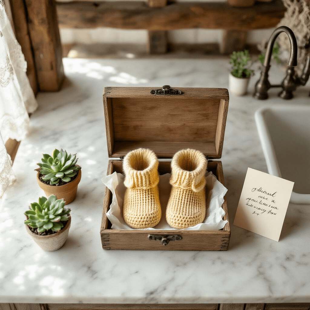 A top-down view of a rustic kitchen with exposed wooden beams, featuring a marble countertop. A vintage wooden box is open, displaying hand-knitted pale yellow booties in tissue paper, alongside a handwritten note and a small potted succulent. Soft morning light streams through lace curtains, enhancing the dreamy atmosphere.