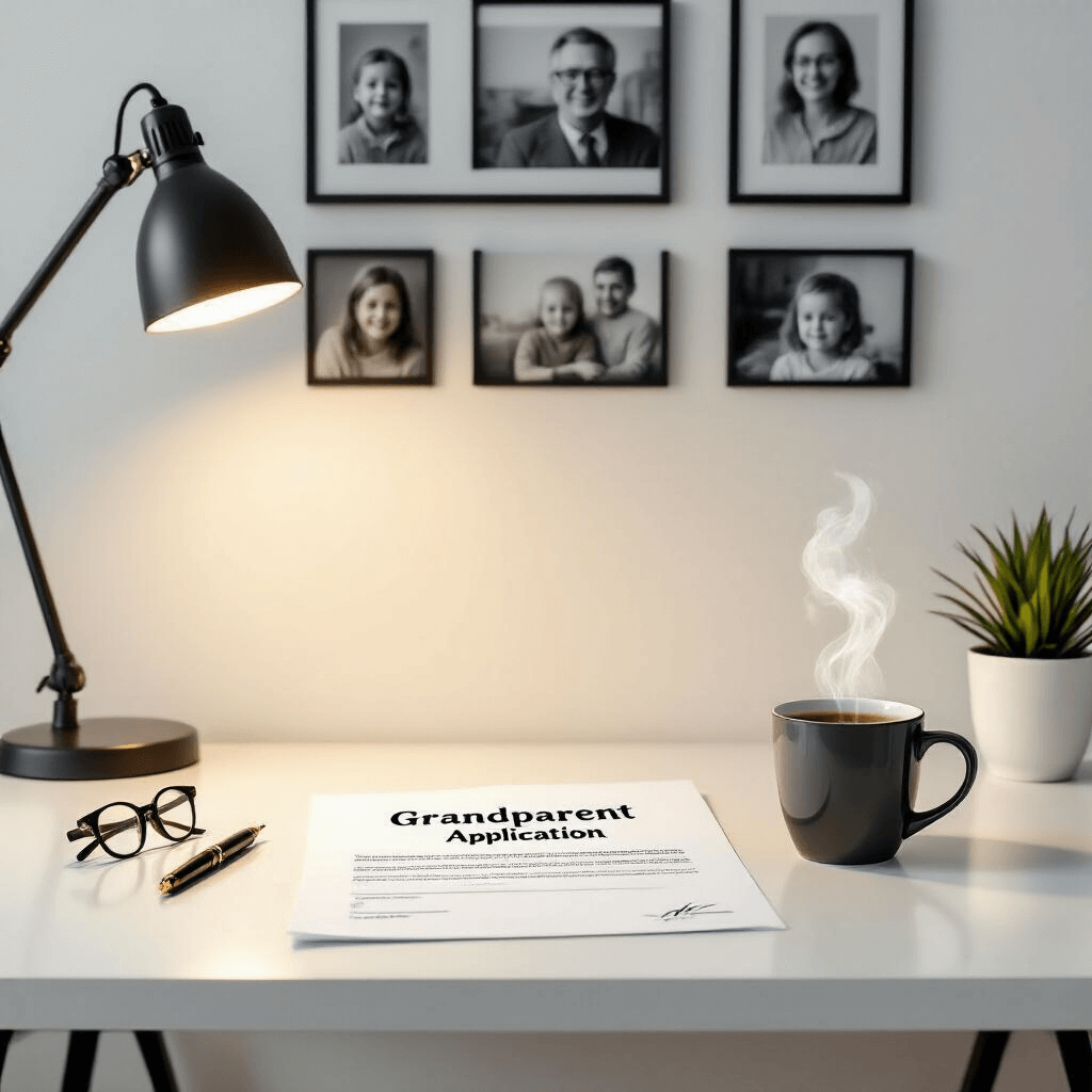 A modern, minimalist home office featuring a white desk with a 'Grandparent Job Application' document, reading glasses, a fountain pen, and a mug of steaming tea. The wall displays black and white family photos, and warm indirect lighting from a floor lamp creates a cozy atmosphere.