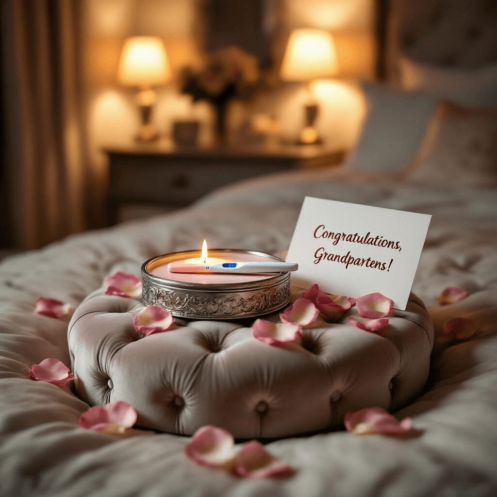 Candlelit cozy bedroom featuring a tufted velvet ottoman with an ornate silver box, slightly open to reveal a positive pregnancy test on satin, surrounded by rose petals and a 'Congratulations, Grandparents!' card, with warm light creating an intimate atmosphere.