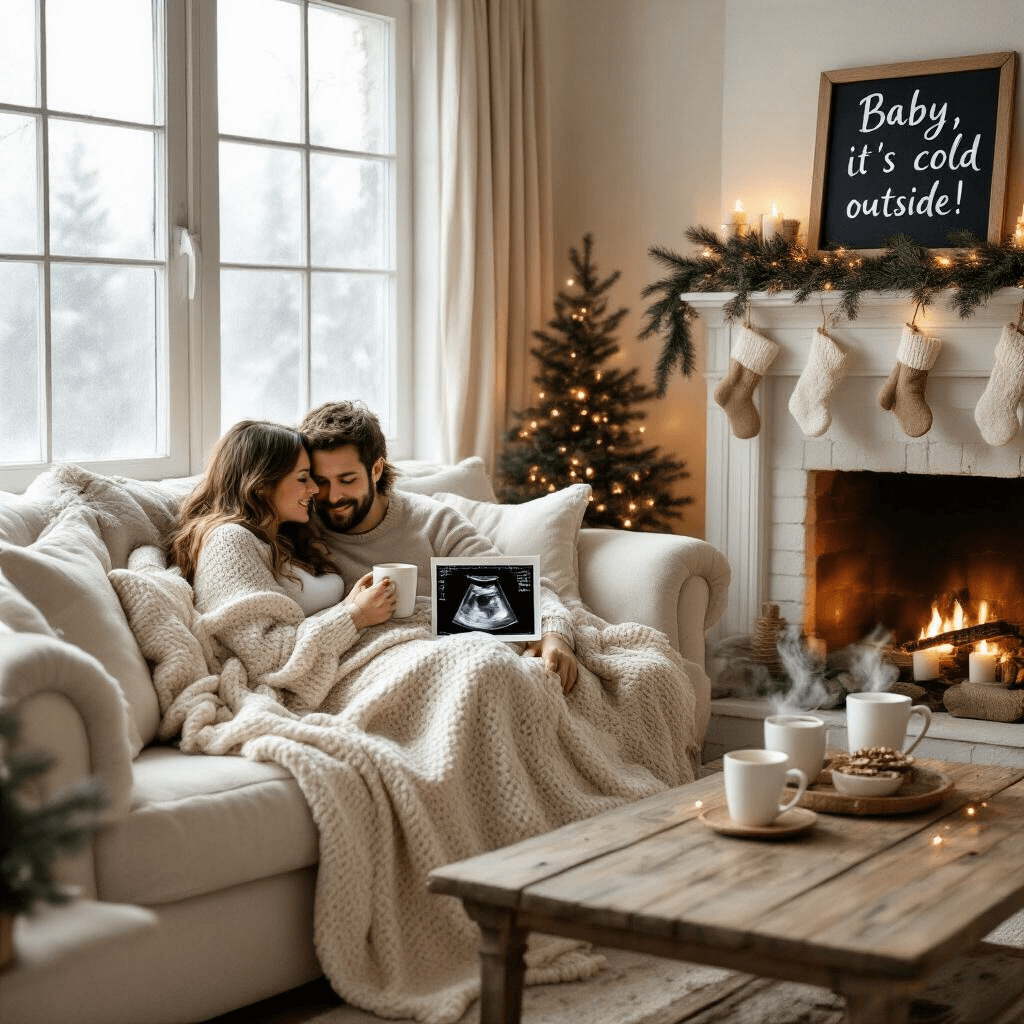 Winter Pregnancy Announcement: Your Ultimate Guide to a Magical Reveal A cozy living room with soft morning light, featuring a pregnant couple snuggled on a cream sofa under a chunky knit blanket, with a rustic coffee table displaying steaming mugs of hot chocolate and a sonogram picture. Twinkling fairy lights and pine garlands adorn the fireplace, decorated with baby booties and a chalkboard sign reading 'Baby, it's cold outside!'. The room's warm color palette includes soft whites, neutrals, and touches of evergreen.