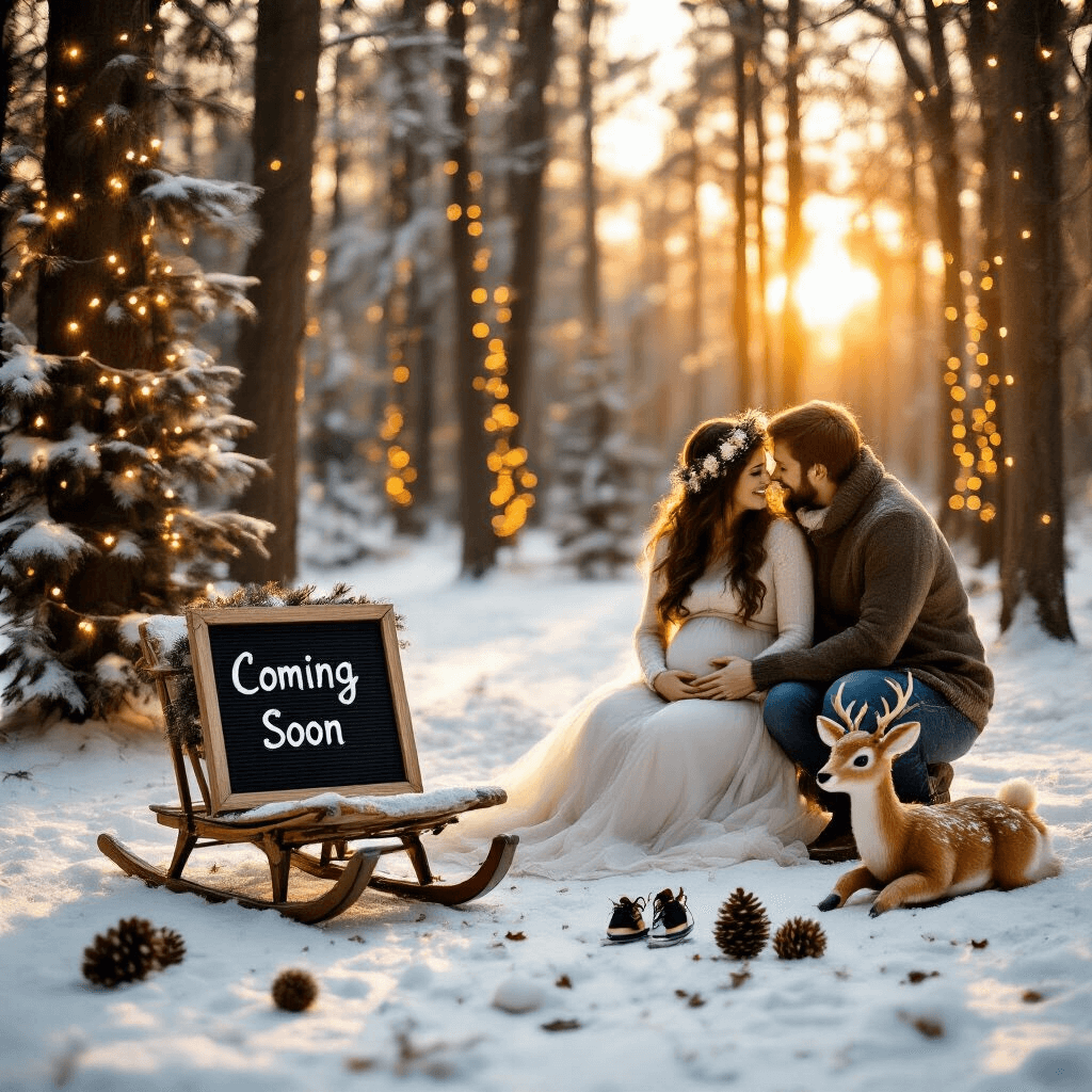 Winter Pregnancy Announcement: Your Ultimate Guide to a Magical Reveal Intimate winter announcement scene featuring expectant parents in a snow-dusted forest clearing at golden hour, with a vintage sled displaying a 'Coming Soon' letter board, twinkling lights on pine trees, and whimsical props like pinecones and tiny ice skates.