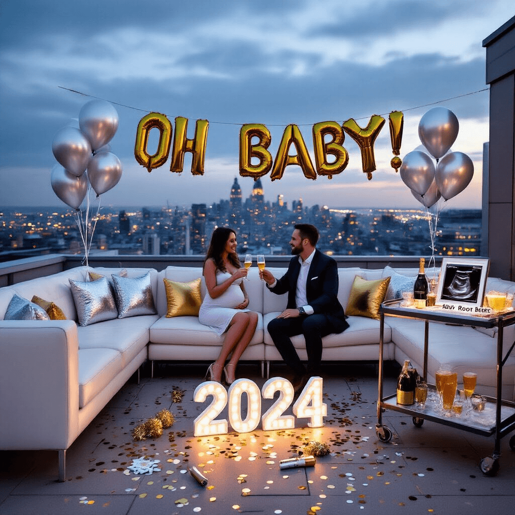 Winter Pregnancy Announcement: Your Ultimate Guide to a Magical Reveal A stylish rooftop terrace transformed for a New Year's-themed pregnancy reveal, featuring low white leather sofas with silver and gold pillows, a bar cart with 'Mom-osa' and 'Dad-dy's Root Beer,' a framed ultrasound, metallic 'Oh Baby!' balloons, and a couple toasting with champagne flutes, amidst confetti and a '2024' ice sculpture overlooking a twilight cityscape.