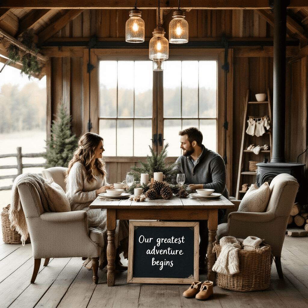 Winter Pregnancy Announcement: Your Ultimate Guide to a Magical Reveal A cozy barn interior featuring a reclaimed wood table set with vintage china and pinecone place card holders, illuminated by soft light. A pregnant couple relaxes in mismatched armchairs by a pot-bellied stove, with a hand-knit baby blanket on the mother's lap. Above, mason jar chandeliers provide warm lighting, while a weathered ladder displays tiny knit garments. An antique sled in the foreground holds a chalkboard reading 'Our greatest adventure begins.'