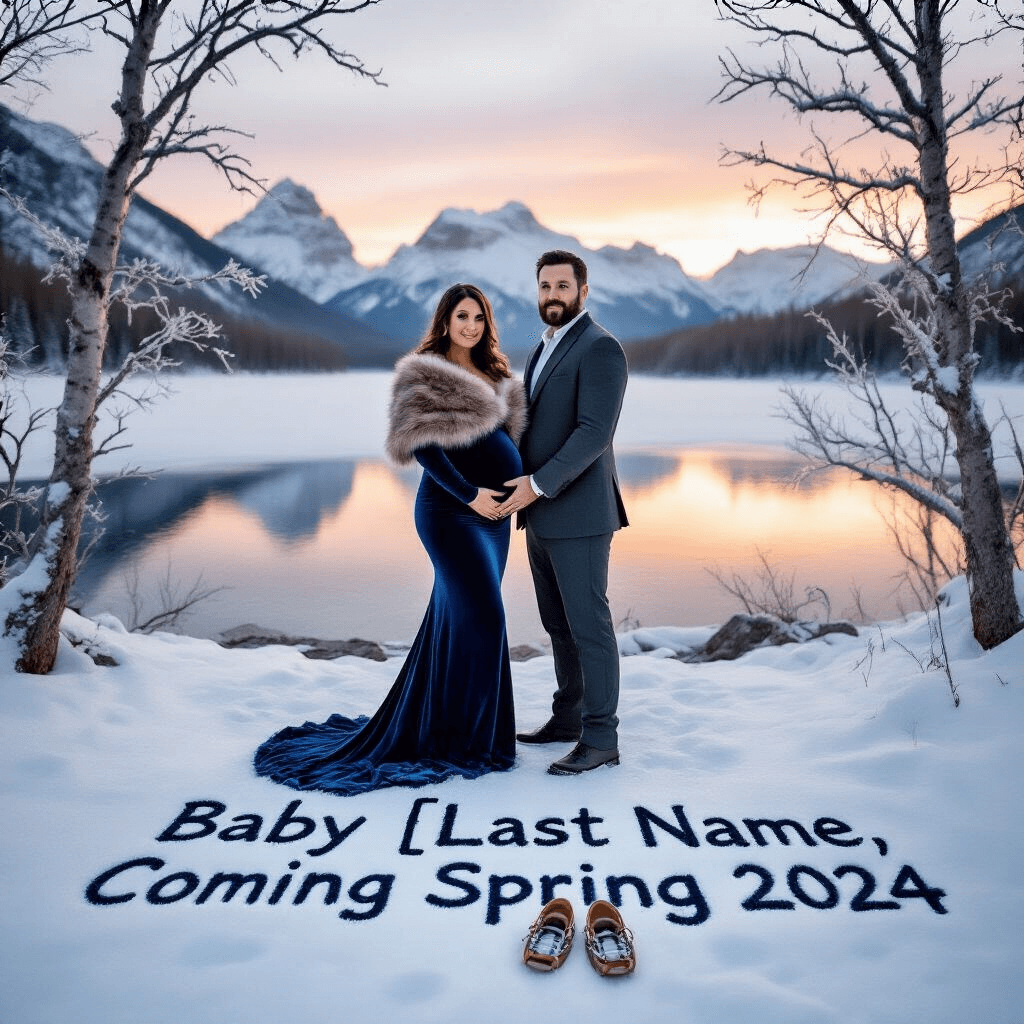A scenic winter landscape featuring an expectant couple at the edge of a frozen lake, wrapped in faux fur throws. The woman in a deep blue velvet gown showcases her baby bump, while the man wears a tailored charcoal suit. Behind them, snow-capped mountains glow in pastel sunset hues. In the foreground, 'Baby [Last Name], Coming Spring 2024' is written in the snow with tiny silver snowshoes, framed by bare trees with ice-covered branches.