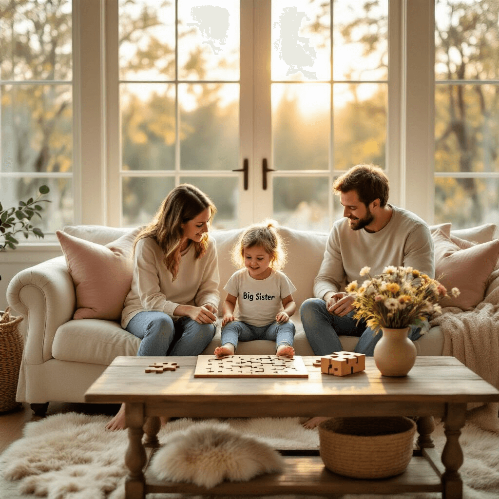 A sunlit living room with floor-to-ceiling windows, featuring a cozy cream sofa with blush and sage pillows. A firstborn child in a 'Big Sister' t-shirt sits cross-legged on the sofa, happily solving a wooden puzzle that reveals 'Baby #2 Coming Soon!'. Parents dressed in earth tones sit beside the child. A rustic coffee table holds a vase of wildflowers and an ultrasound photo, with soft rugs and woven baskets adding texture. The scene is captured from an elevated angle.