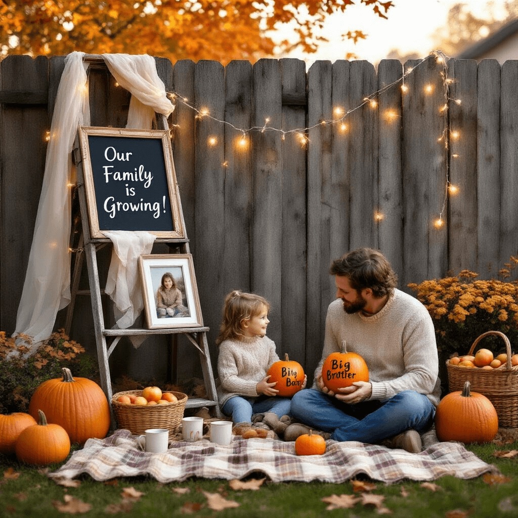 A cozy autumnal backyard scene featuring a family of three sitting on a patchwork picnic blanket, surrounded by copper-toned leaves and pumpkins. A weathered wooden fence adorned with fairy lights and sheer ivory fabric serves as the backdrop. A vintage ladder displays family photos and a chalkboard reading 'Our Family is Growing!'. The child in a knit sweater holds a small pumpkin painted 'Big Brother', with steaming mugs of cider and a basket of apples nearby.