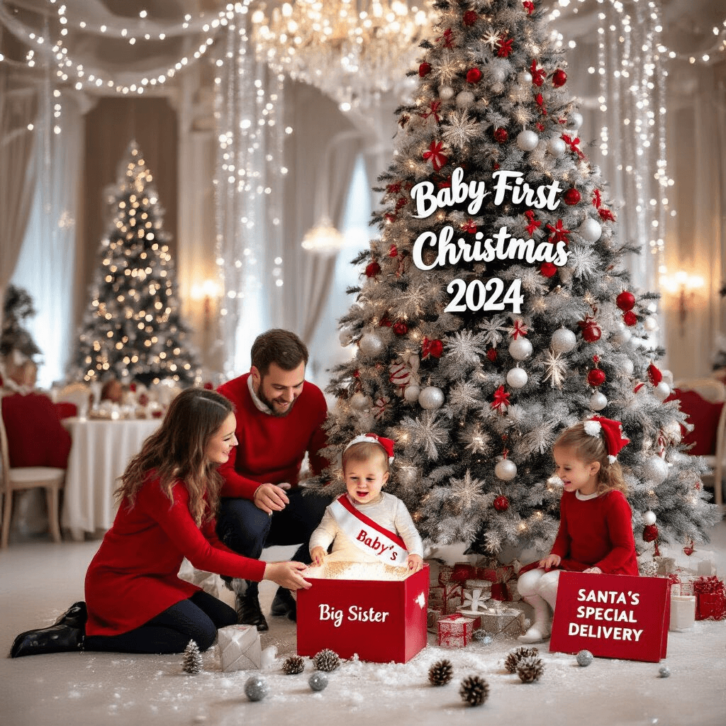 A joyful family poses in a whimsical winter wonderland ballroom, adorned with twinkling fairy lights and shimmering silver decorations. They wear coordinating red and white outfits near a grand Christmas tree, featuring personalized ornaments and 'Baby's First Christmas 2024.' The firstborn child excitedly opens a gift box revealing a 'Big Sister' sash, captured from a low angle to emphasize the child's joy and the towering tree, with details of scattered fake snow and glittering pinecones, and a 'Santa's Special Delivery' sign.