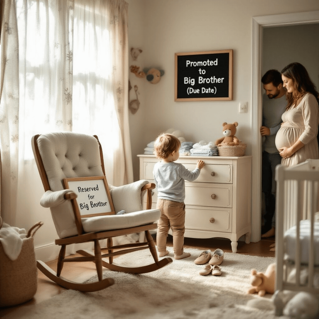 A close-up of a firstborn child's hands gently arranging tiny shoes and folded onesies in an intimate nursery, with soft morning light filtering through sheer curtains, while a plush rocking chair displays a 'Reserved for Big Brother' sign in a pastel-colored room adorned with whimsical animal-themed decor.