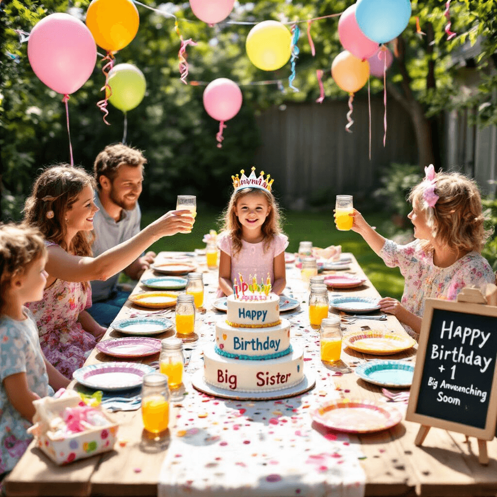 A vibrant backyard birthday party scene featuring colorful balloons, a long picnic table set with vintage plates and mason jar glasses, and a birthday child wearing a crown. A two-tiered cake with 'Happy Birthday' and 'Big Sister Coming Soon' is displayed. The overhead shot captures confetti, party favors, and a chalkboard easel announcing the celebration, while family members toast with lemonade, showcasing their joyful expressions.