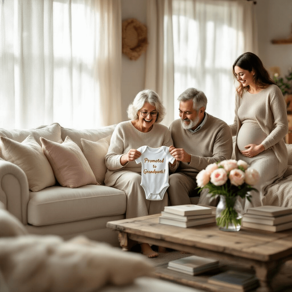 A cozy living room filled with soft afternoon light shows an elderly couple on a cream sofa, joyfully unwrapping a tiny white onesie that reads 'Promoted to Grandparents!' Surrounded by pastel throw pillows, a rustic coffee table with fresh peonies, and parenting books, a young couple stands nearby, the woman cradling her baby bump. The scene is captured from a slightly elevated angle, highlighting the heartwarming moment.