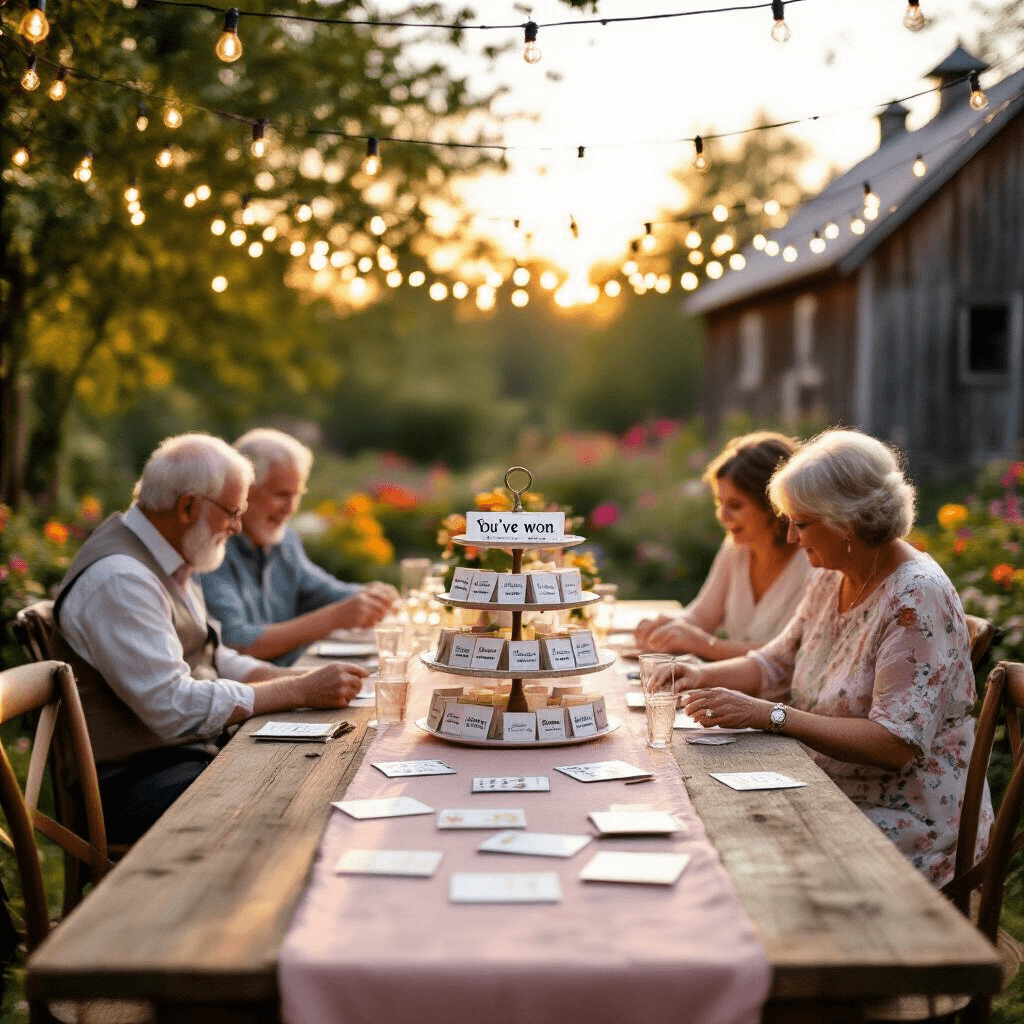 An intimate outdoor garden setting at golden hour with a long wooden table draped in a blush pink runner, surrounded by mismatched vintage chairs. Twinkling fairy lights create a magical ambiance. An older couple excitedly scratches a card revealing 'You've won: A new grandbaby!', their shocked and delighted expressions captured in close-up, with a soft bokeh background of colorful flower beds and a rustic barn.