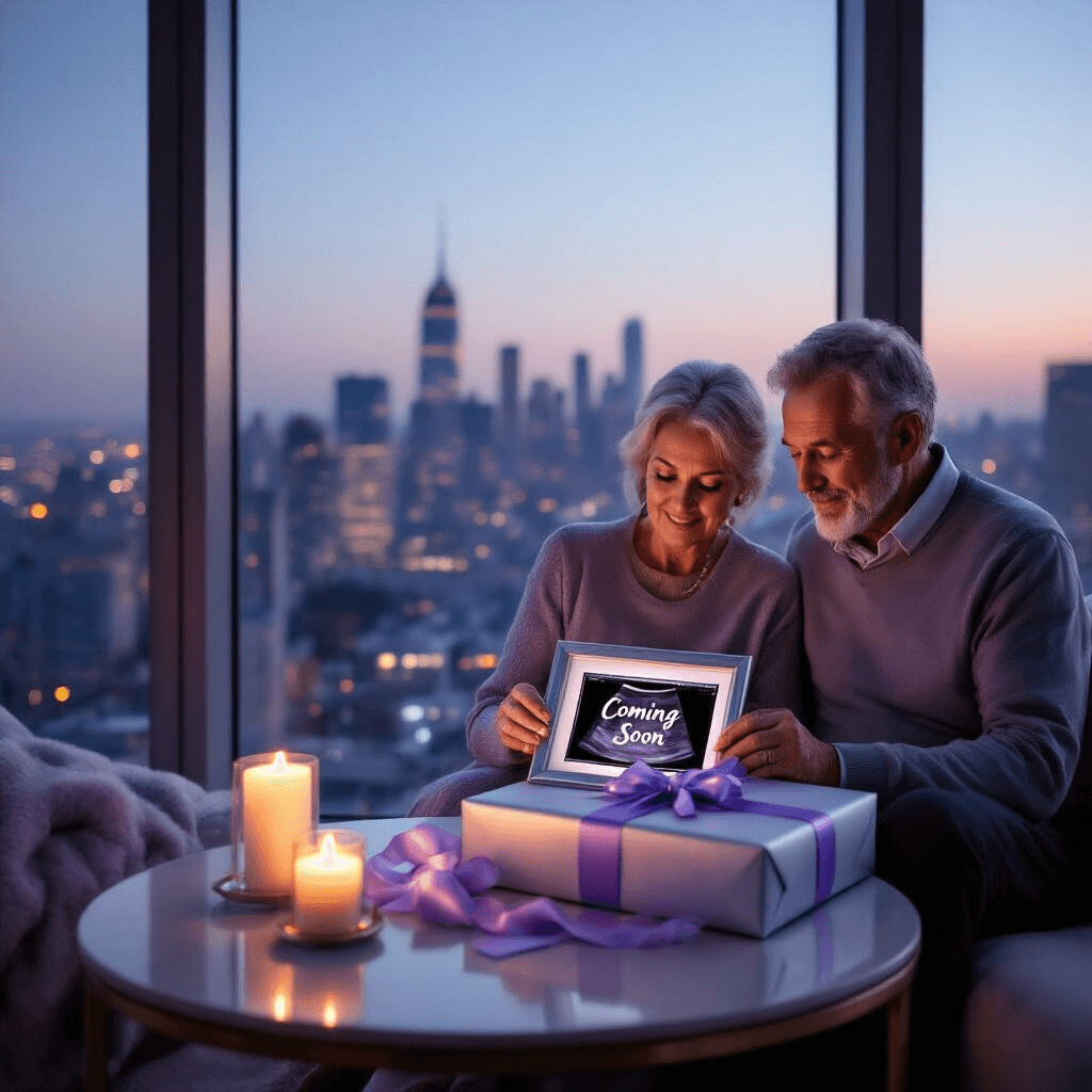 An elegant living room with floor-to-ceiling windows showcasing a twilight city skyline, featuring a silver and lavender color scheme. In the center, an older couple unwraps a gift-wrapped silver picture frame revealing an ultrasound photo labeled 'Coming Soon,' illuminated by soft candlelight, capturing their surprised and emotional expressions. City lights twinkle in the background.