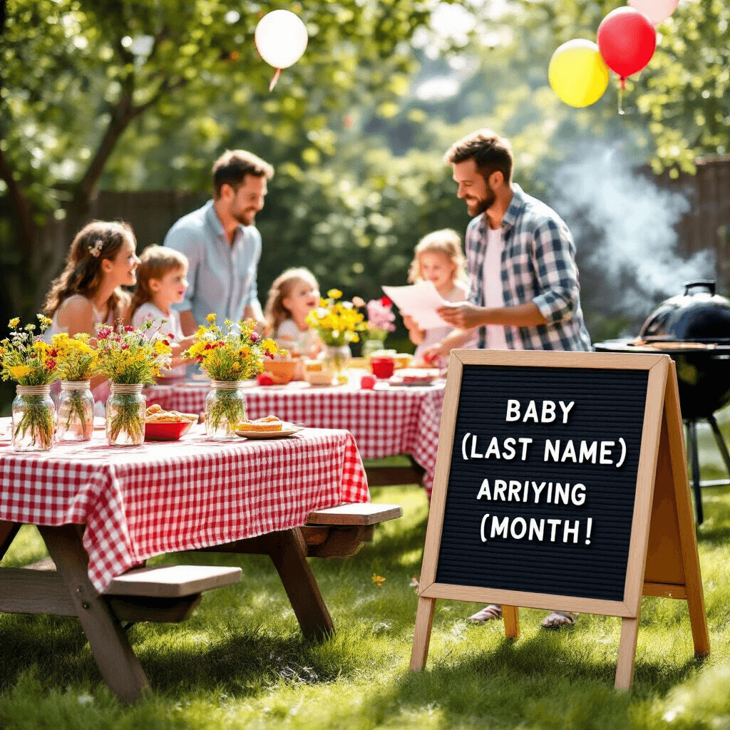 A sunny backyard barbecue scene with picnic tables covered in red and white checkered cloths, mason jars of wildflowers, and a chalkboard easel stating 'Family News.' A young couple is joyfully revealing a letter board message about their upcoming baby, surrounded by family members expressing happiness. Balloons float in the background, while a grill smokes and children play nearby, creating a lively atmosphere.