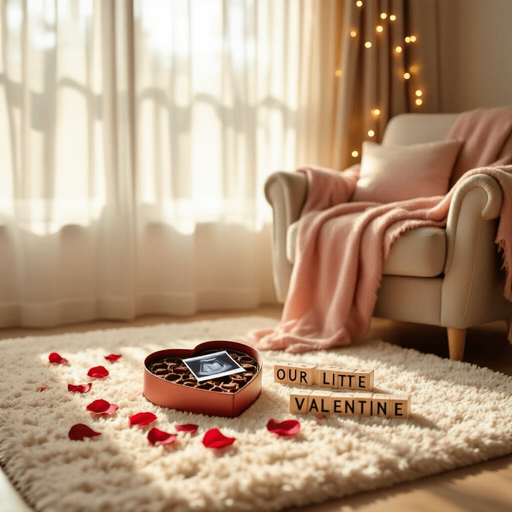 A sunlit living room with soft golden hour light, featuring a cream rug, an open heart-shaped box of chocolates revealing an ultrasound picture, scattered rose petals, 'Our Little Valentine' letter blocks, a cozy armchair with a blush throw blanket, and twinkling string lights in the background.