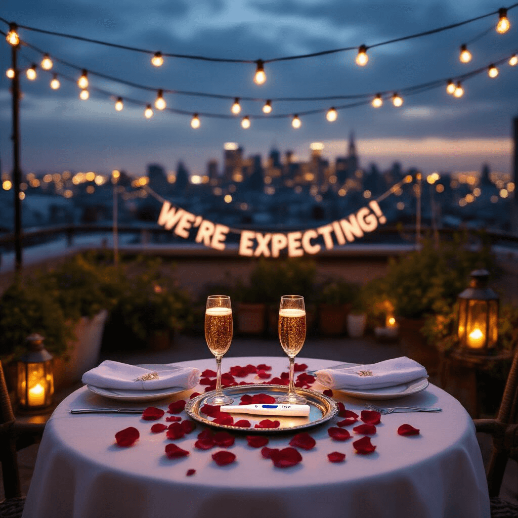 Intimate rooftop terrace at twilight, featuring string lights overhead, a round table with two place settings and sparkling cider, a silver tray with a positive pregnancy test surrounded by rose petals, city lights twinkling in the background, and a 'We're Expecting!' banner.