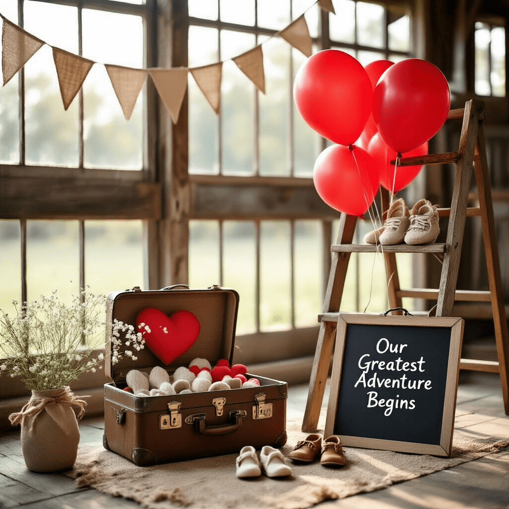 A rustic barn interior transformed into a whimsical studio, filled with soft morning light. A weathered wooden ladder holds tiny baby shoes, while a vintage suitcase spills red heart balloons. A chalkboard sign reads 'Our Greatest Adventure Begins', surrounded by burlap bunting and baby's breath. An ultrasound photo is prominently displayed, enhancing the heartfelt scene.