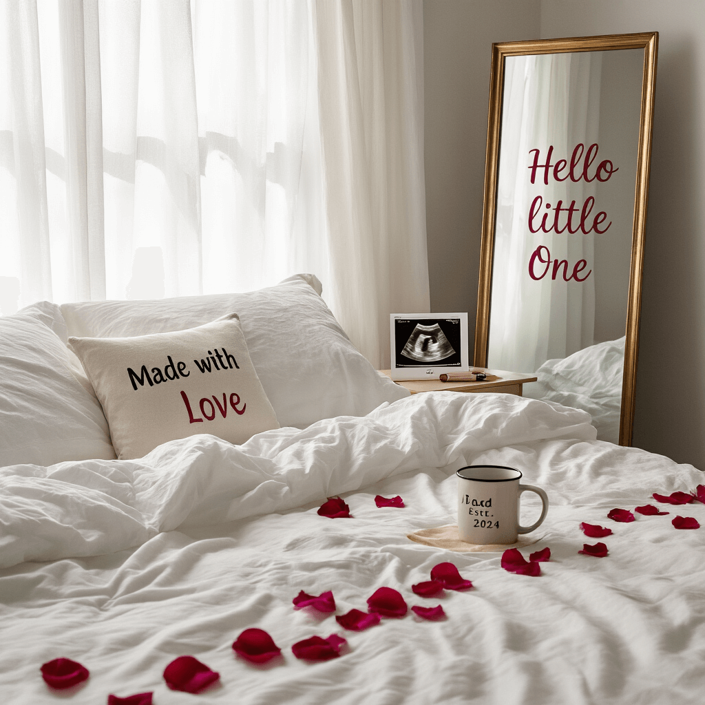 A cozy, dreamy bedroom featuring an unmade bed with crinkled white linens and a 'Made with Love' throw pillow. A bedside table holds a 'Dad Est. 2024' mug and a framed ultrasound photo. Rose petals trail on the floor towards a full-length mirror with 'Hello Little One' written in lipstick. Sheer curtains gently billow, creating a soft, romantic atmosphere.