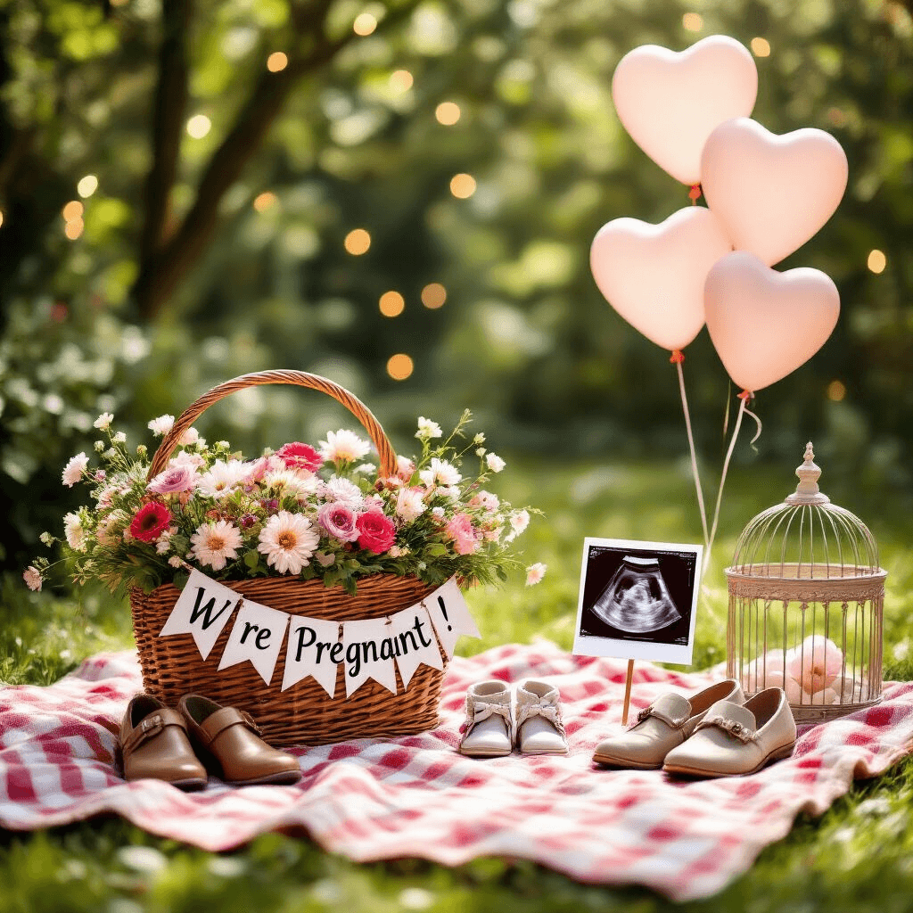 A whimsical outdoor picnic scene with a red and white checkered blanket, a wicker basket overflowing with fresh flowers and a 'We're Pregnant!' banner, flanked by two pairs of adult shoes and a tiny pair of baby booties. Floating heart-shaped balloons add height, while a decorative birdcage holds an ultrasound photo. Soft bokeh from fairy lights in the trees enhances the magical atmosphere.