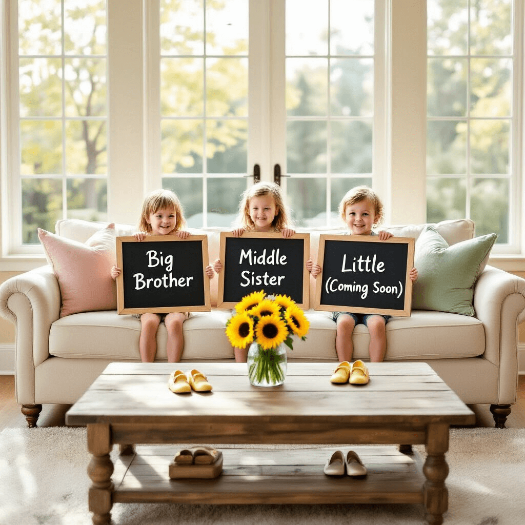 A bright living room with large windows, featuring three children holding chalkboards that say 'Big Brother', 'Middle Sister', and 'Little (Coming Soon)', while a rustic coffee table displays sunflowers and baby shoes, accented with colorful pillows.