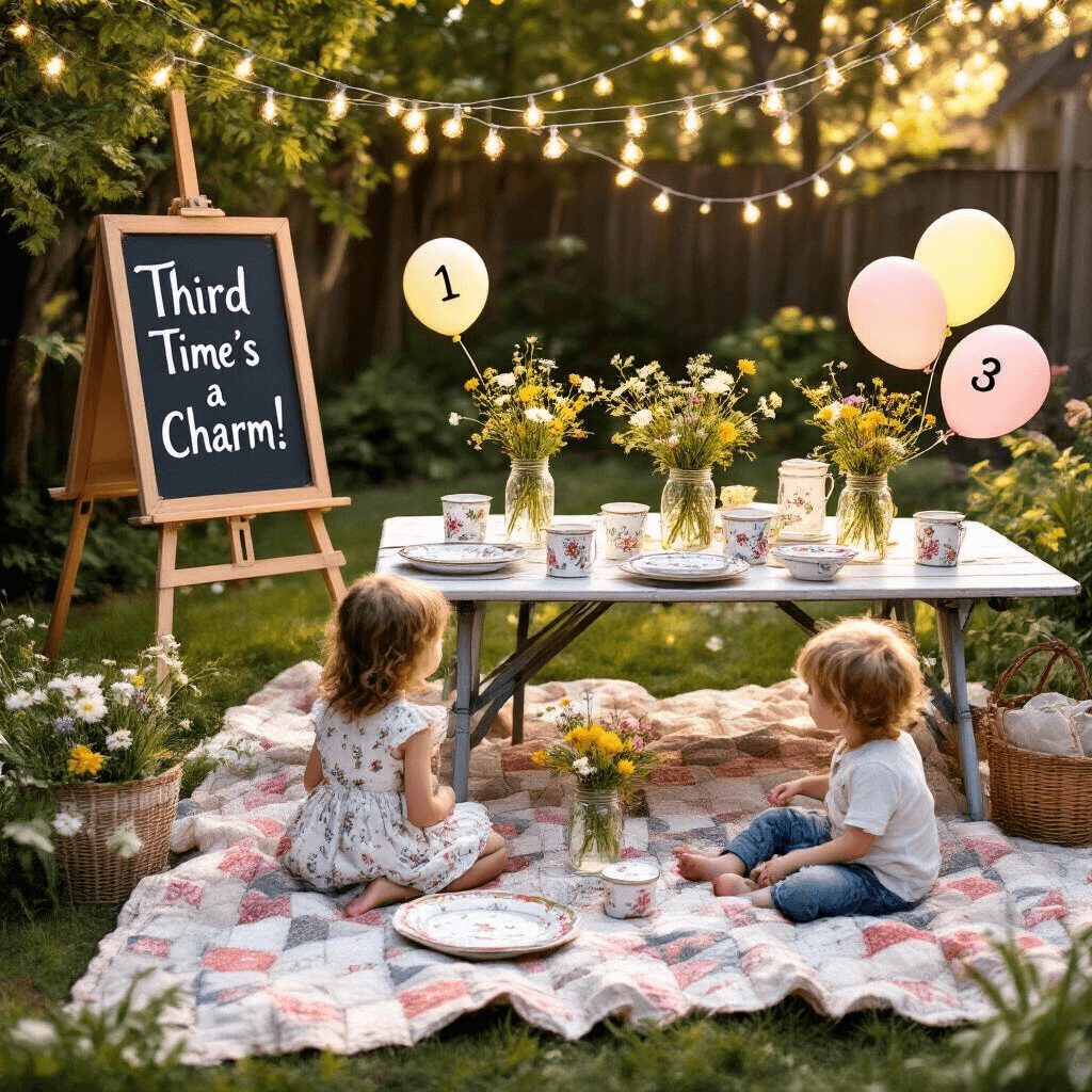 An overhead view of a cozy backyard picnic at golden hour, featuring a vintage picnic table adorned with mismatched floral china and mason jars of wildflowers. In the foreground, two children sit on a quilted blanket, surrounded by numbered balloons '1', '2', and a smaller '3'. A chalkboard easel in the background displays the text 'Third Time's a Charm!' in playful handwriting, all under a canopy of twinkling fairy lights.