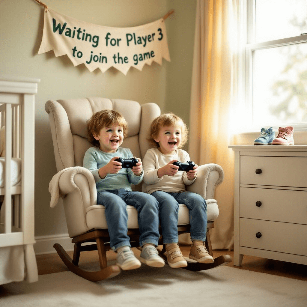 A cozy nursery corner features two excited siblings in a plush rocking chair, holding video game controllers. A handmade banner above reads 'Waiting for Player 3 to join the game'. Nearby, a dresser displays three pairs of shoes, including tiny baby booties. The decor is in soft mint and pale yellow tones, with warm, diffused light coming from a window.