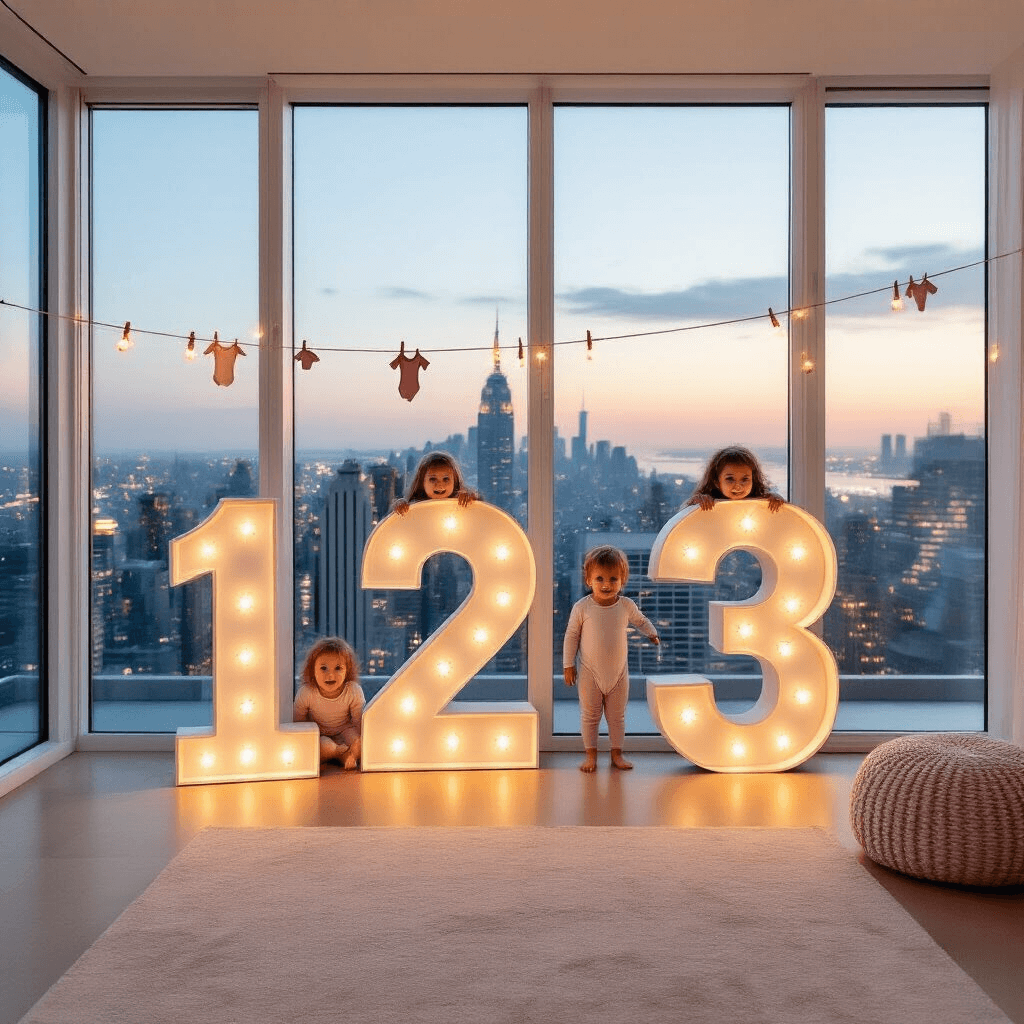 A modern, minimalist living room features floor-to-ceiling windows with a city skyline at dusk. Oversized '1', '2', and '3' cutouts adorned with fairy lights lean against a white wall, while two children peek out from behind the first two numbers, expressing surprise and joy. A clothes line displays a variety of onesies in graduating sizes. The room is accented with gold and blush pink tones, captured from a slight angle to show both the city view and the scene.
