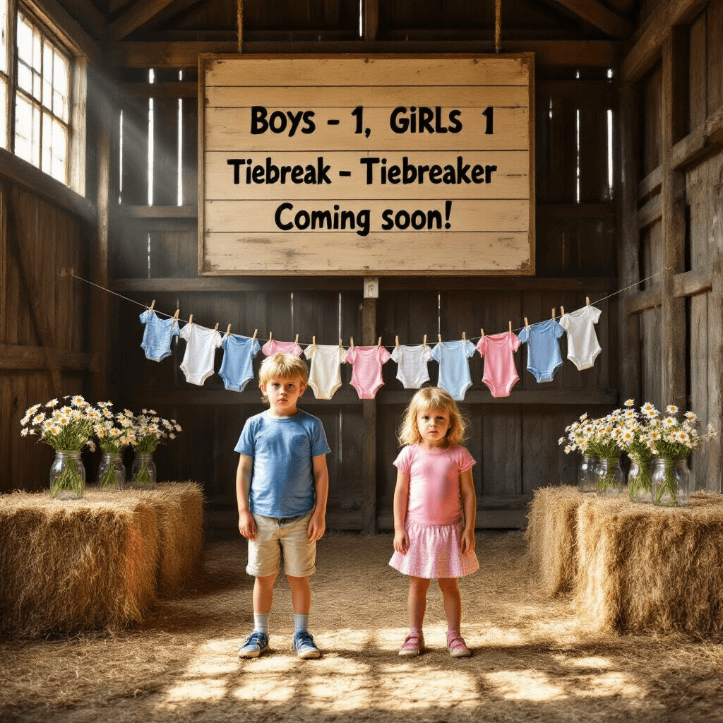 A rustic barn interior illuminated by sunlight streaming through slatted walls, featuring a large wooden scoreboard that reads 'Boys - 1, Girls - 1, Tiebreaker - Coming Soon!' Two children, one in a blue shirt and the other in pink, display comically competitive expressions beneath the scoreboard. The scene includes hay bales, Mason jars with daisies, and a clothesline in the background holding alternating pink and blue baby clothes.