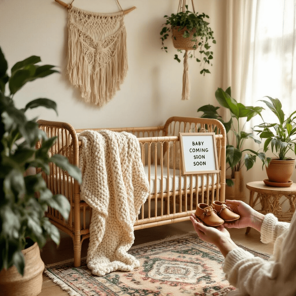 A warm, sunlit boho-chic nursery featuring a rattan crib with a cream knit blanket, potted plants, and macramé wall hangings, illuminated by soft light through sheer curtains. A letter board on a wooden side table reads 'Baby Coming Soon', while expectant parents' hands hold tiny leather moccasins on a Moroccan-inspired rug.