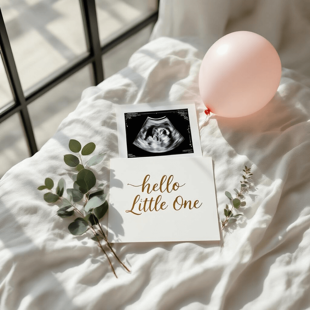 Minimalist pregnancy reveal in a modern loft featuring a sonogram print, gold 'Hello Little One' card, and eucalyptus sprig on white linen, enhanced by natural light and a blush pink balloon.