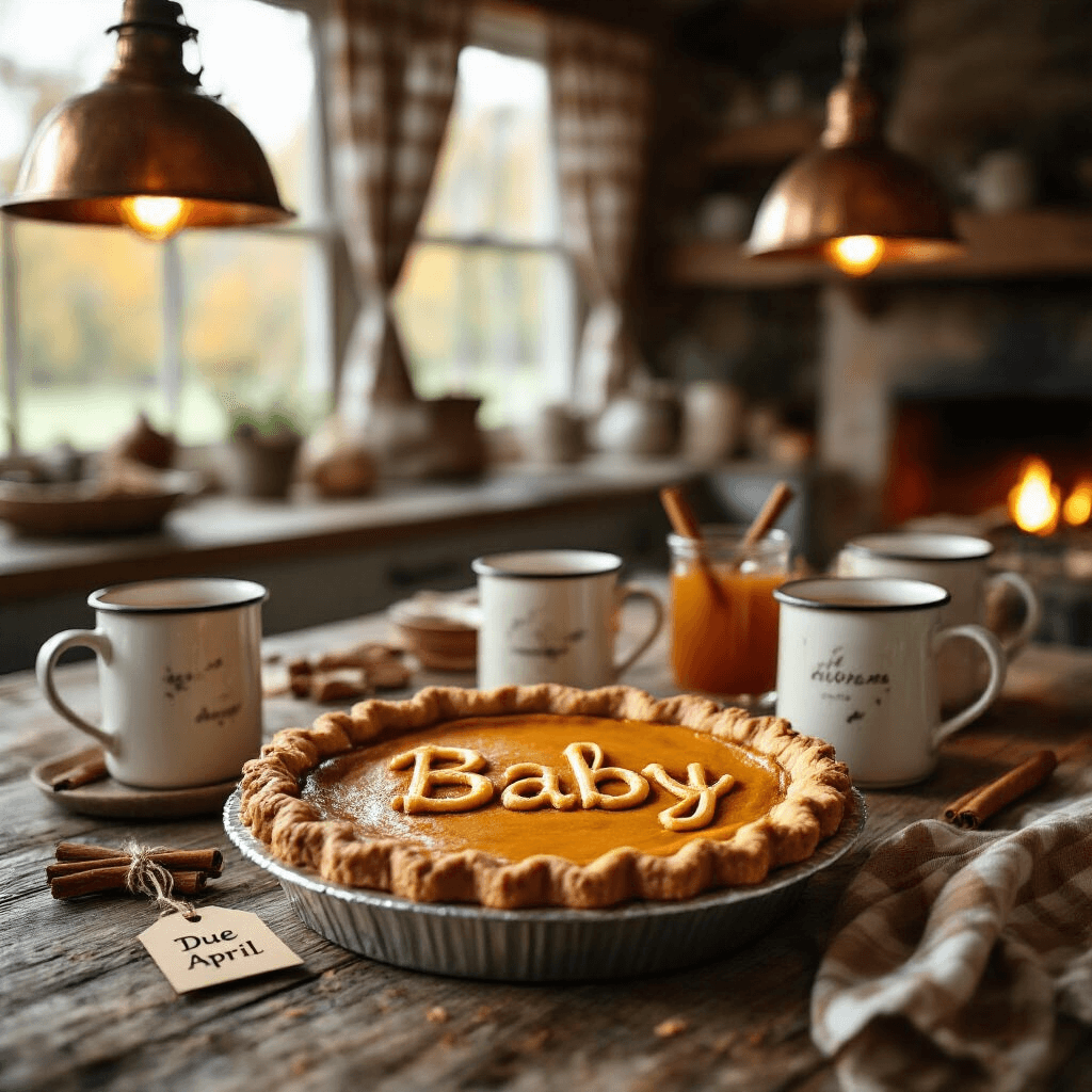 Close-up of a rustic farmhouse kitchen table featuring a freshly baked pumpkin pie with 'Baby' cut into the crust, surrounded by vintage enamelware mugs filled with cider, cinnamon sticks, and a 'Due April' tag, all softly illuminated by warm copper pendant lights, with a cozy backdrop of gingham curtains and a fireplace.