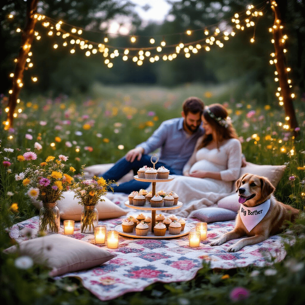 A whimsical outdoor maternity picnic at twilight, featuring a flower-filled meadow, a vintage quilt under twinkling fairy lights, a tiered cake stand with 'We're Expecting' cupcakes, mason jars of wildflowers, and floating candles. An expectant couple lounges on plush floor pillows with their dog wearing a 'Big Brother' bandana, surrounded by a soft bokeh effect for a dreamy atmosphere.