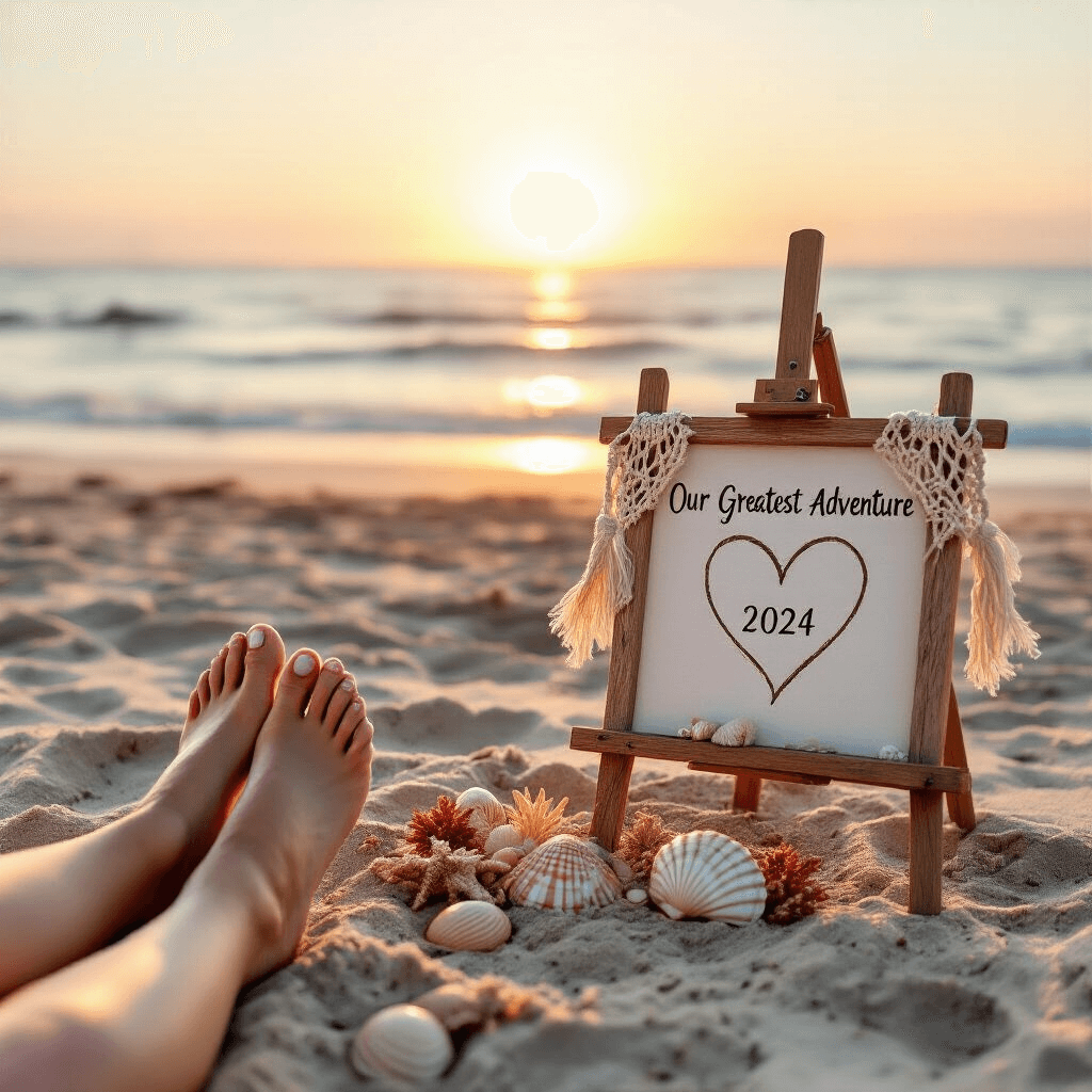 Pregnancy reveal at the beach at sunrise, featuring bare feet in the sand surrounding a heart drawn with 'Baby 2024', a driftwood easel with the due date, seashells, and coral, macramé bunting reading 'Our Greatest Adventure' fluttering in the breeze, and pastel dawn colors reflecting on gentle waves.