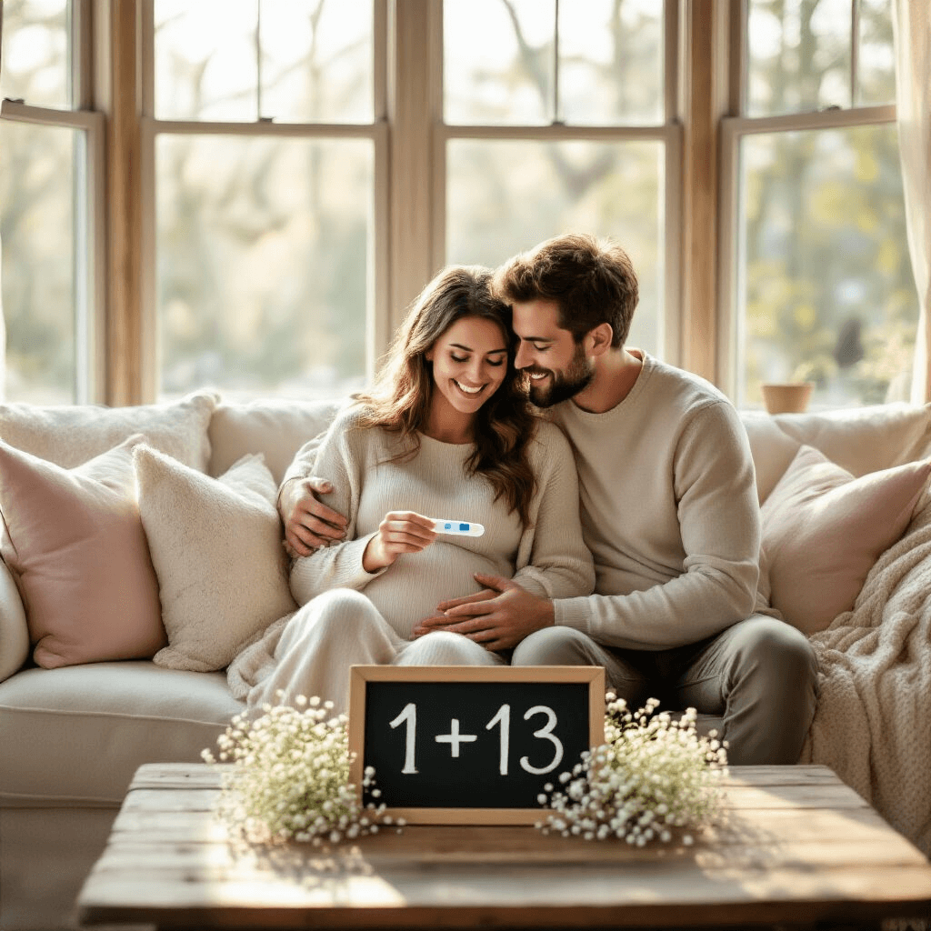 A couple sits on a cream sofa in a sunlit living room, the woman holding a positive pregnancy test. A chalkboard sign reading '1+1=3' is on the coffee table, surrounded by baby's breath flowers. Warm pastel pillows and a knit blanket enhance the cozy atmosphere.