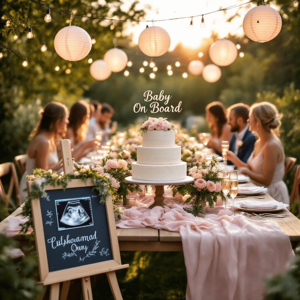 An outdoor garden party at golden hour featuring a long farmhouse table with blush pink linens and lush floral centerpieces, strings of fairy lights, a tiered cake with 'Baby on Board' decoration, guests with champagne flutes, and a chalkboard easel displaying an ultrasound image surrounded by greenery.