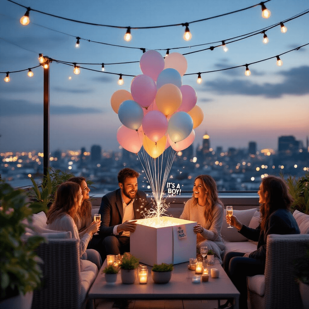 A rooftop terrace at twilight with string lights overhead, featuring a surprised couple opening a gift box filled with pastel balloons that float away, while joyful friends raise glasses of sparkling cider amidst modern lounge furniture and potted plants, overlooking a city skyline.