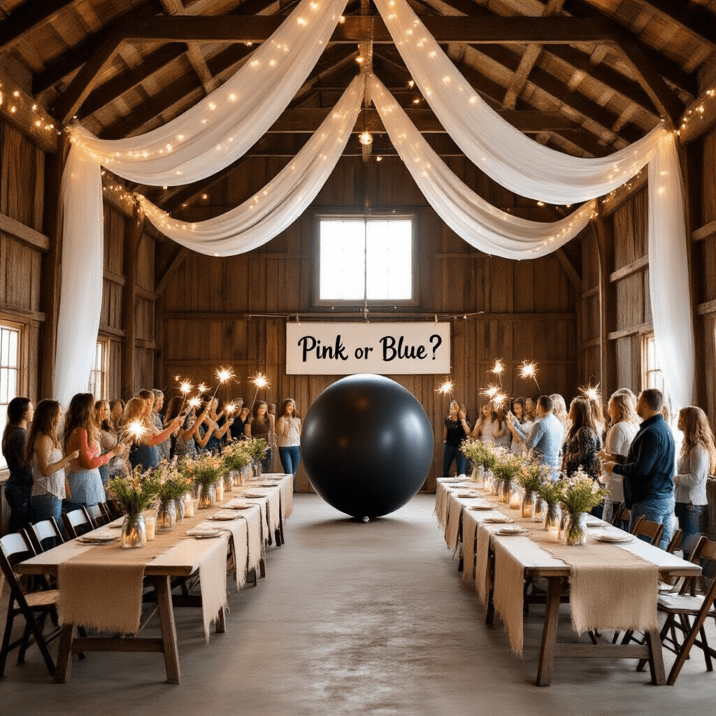 A rustic barn interior decorated for a gender reveal party, featuring draped white fabric, twinkle lights, burlap table runners, mason jar centerpieces with wildflowers, and a large black balloon labeled 'Pink or Blue?' at the far end, with excited guests holding sparklers in a warm, festive atmosphere.