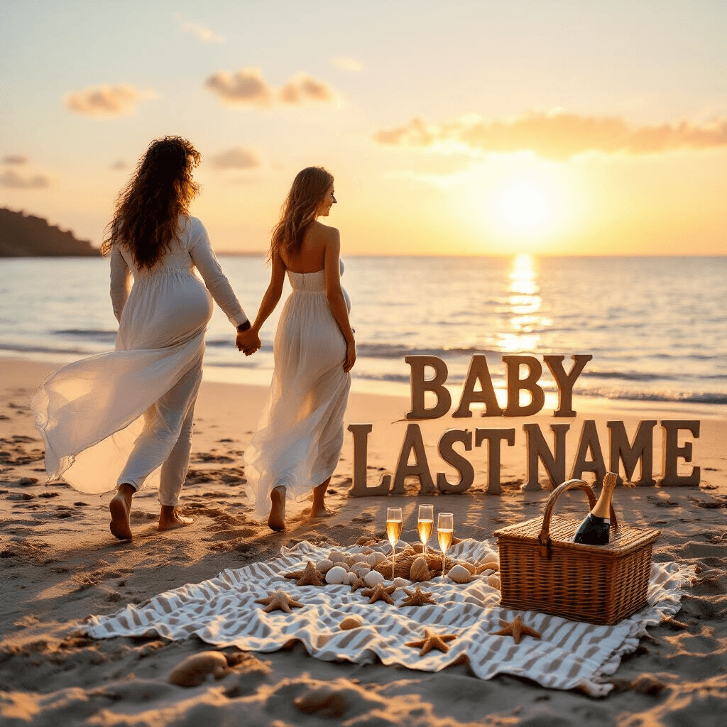 A couple walks hand-in-hand along a sunset beach, the woman in a flowing white dress with a visible baby bump. Behind them, large wooden letters decorated with seashells read 'Baby [Last Name] Coming Soon'. A picnic setup with a wicker basket and champagne flutes is set on a striped blanket, surrounded by warm golden light.